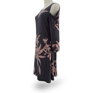 Cold Shoulder Long Sleeve Midi Dress Gray w/ Salmon Pink Floral Graphic Wm Sz 8‎